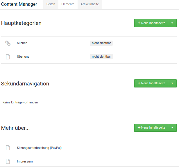 Content Manager mit geöffnetem Reiter Seiten