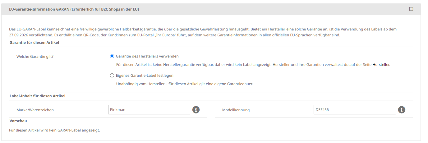 Product without an available manufacturer guarantee – no label is shown