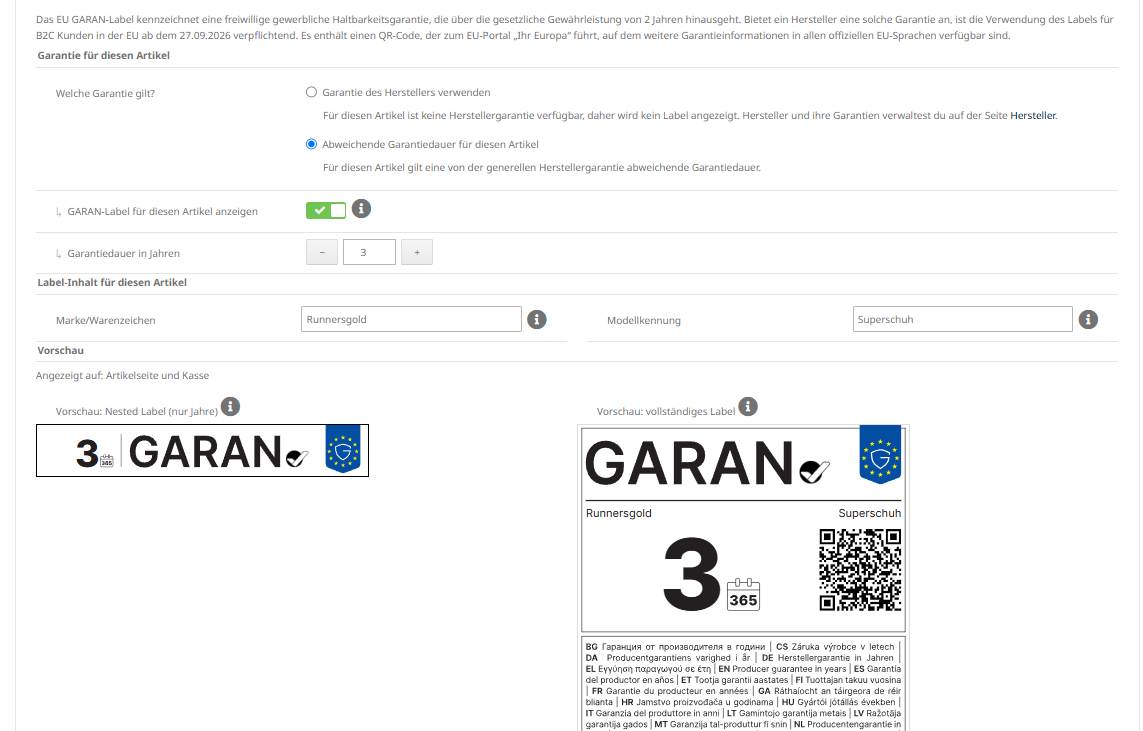 Live preview in the product settings: nested badge (left) and full label (right)