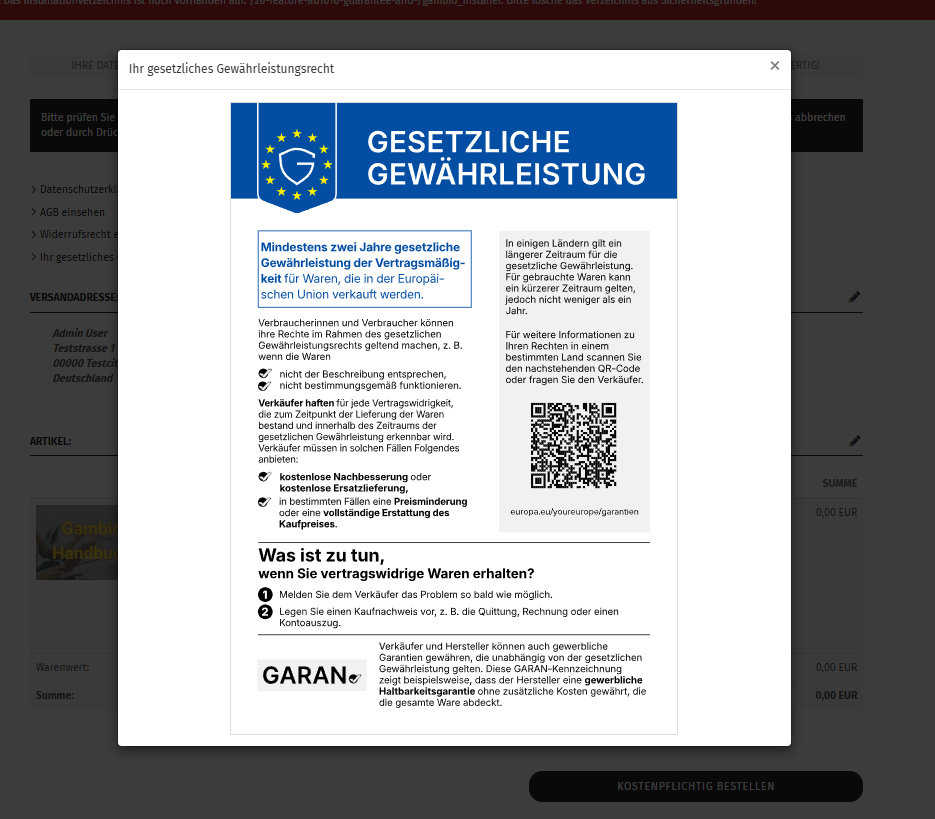 Full legal guarantee notice as an overlay