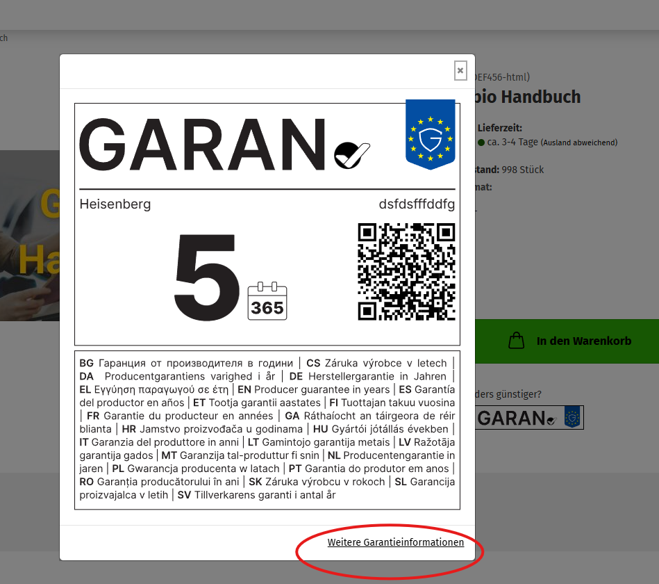 Full GARAN label as an overlay on the product page