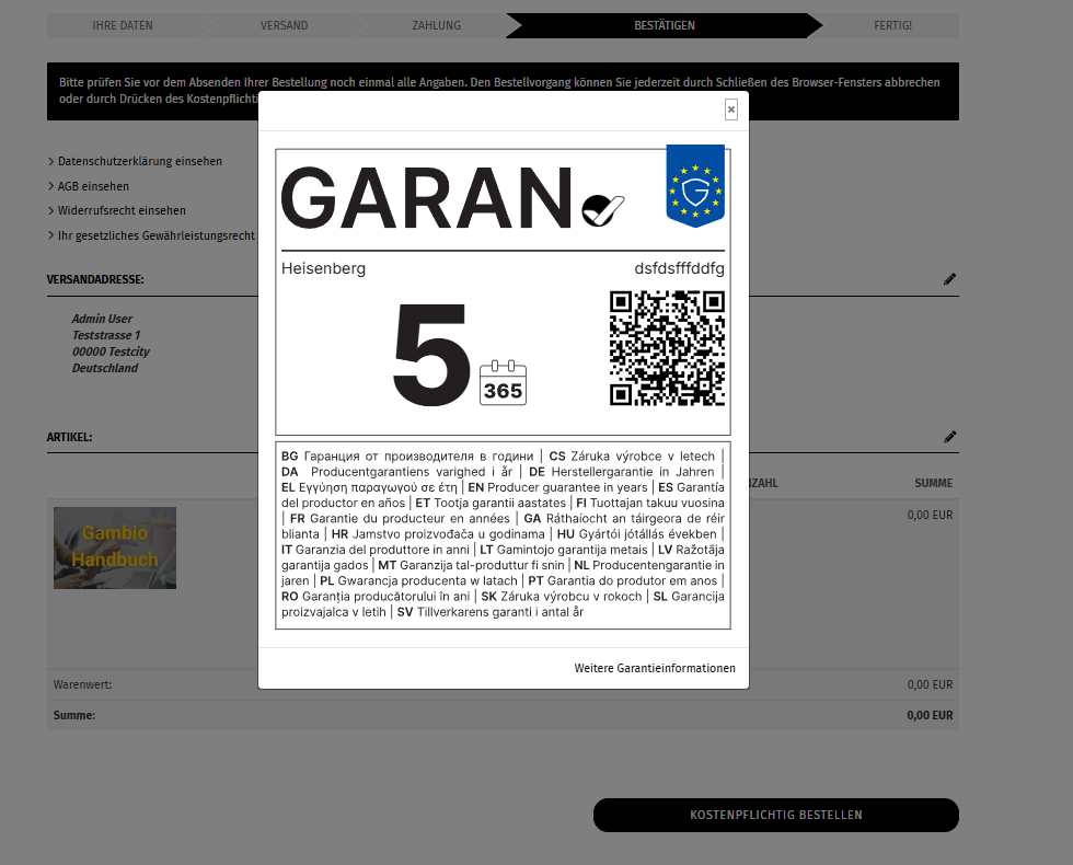 Full GARAN label during checkout
