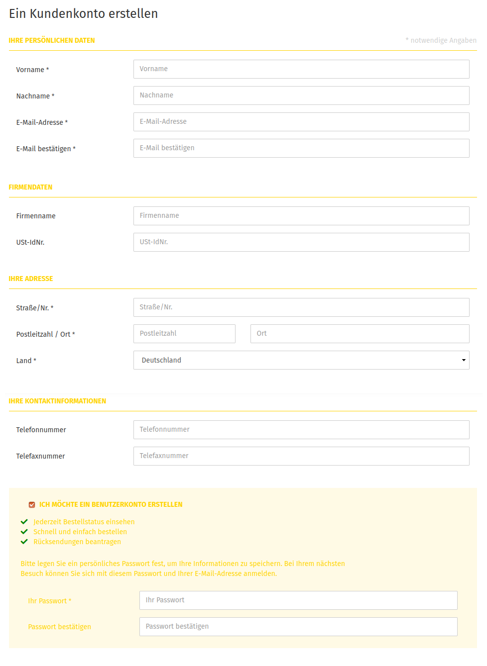 Registrierungsformular in der Shopansicht