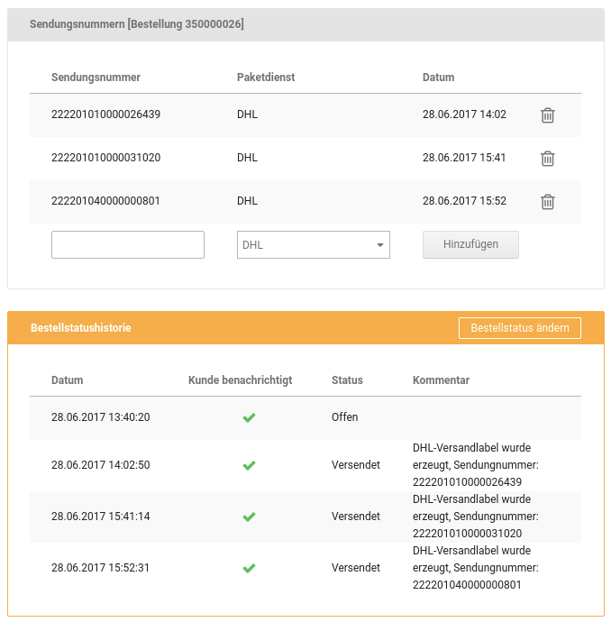 Sendungsnummern in der Bestellung