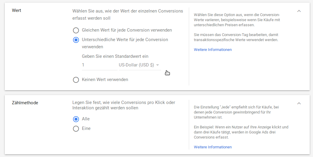 Einstellen von Wert und Zählmethode