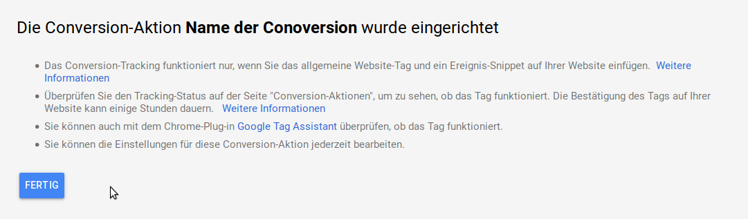 Einrichtung der Aktion abschließen