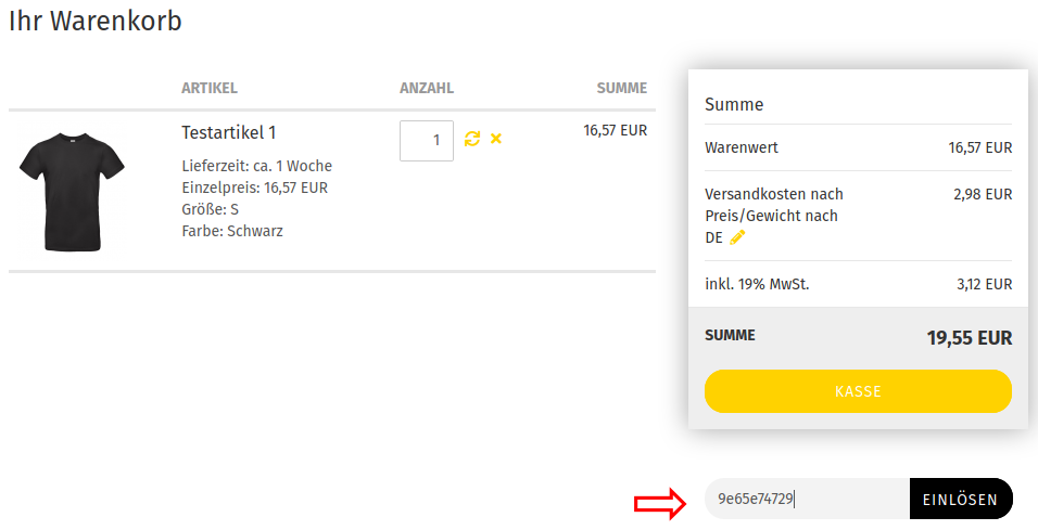 Gutscheincode einlösen im Warenkorb
