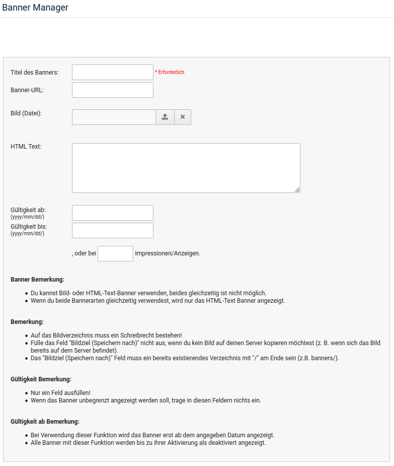 Banner-Eingabemaske
