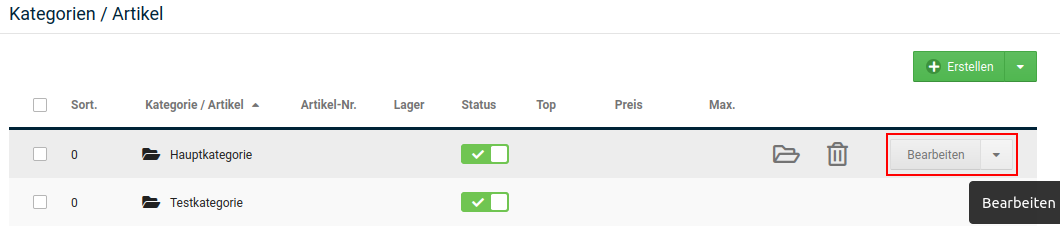 Bearbeiten der Kategorie über die Dropdown-Schaltfläche