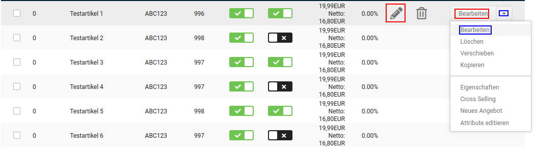 Bearbeiten eines Artikels über das Bleistift-Symbol oder die Dropdown-Schaltfläche
