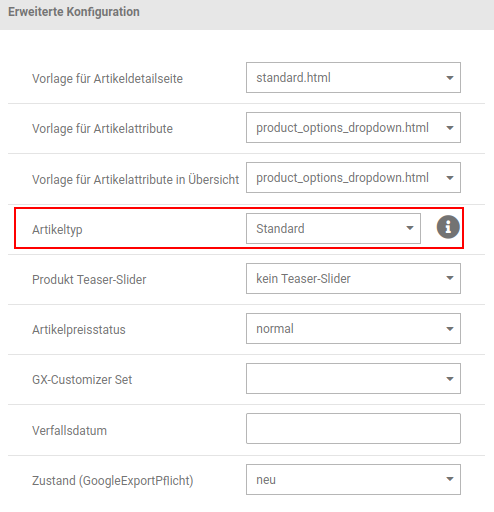 Einstellen des Artikeltyps
