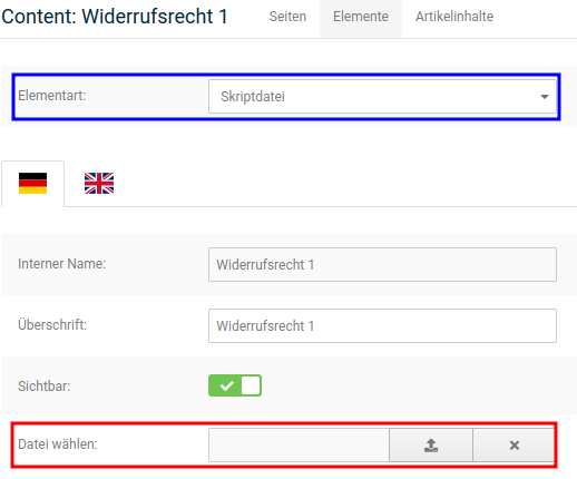 Einstellen einer Skriptdatei im Widerrufs-Content