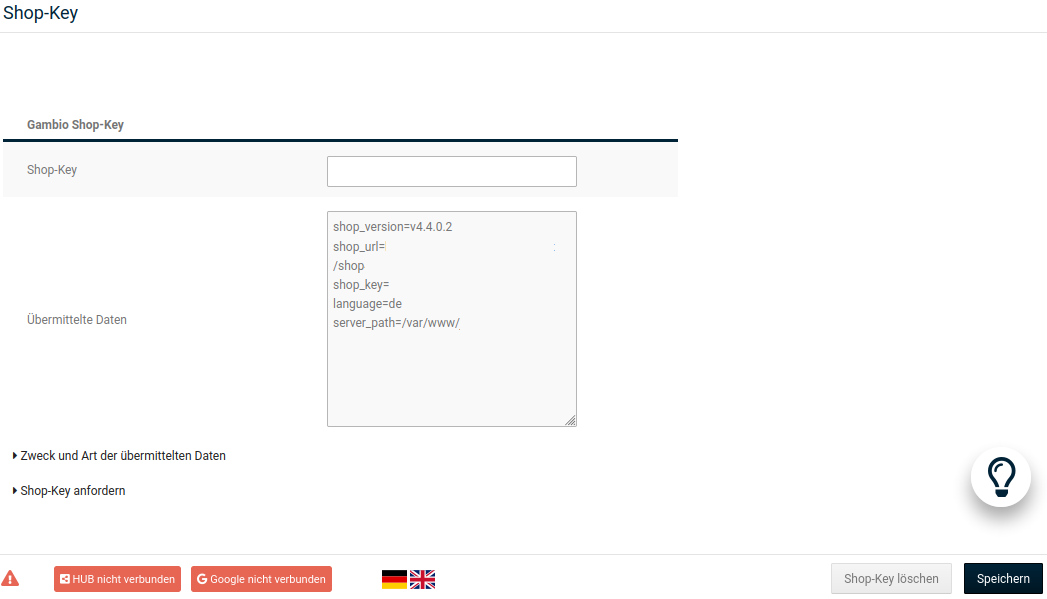 Shop-Key im Gambio Admin eintragen