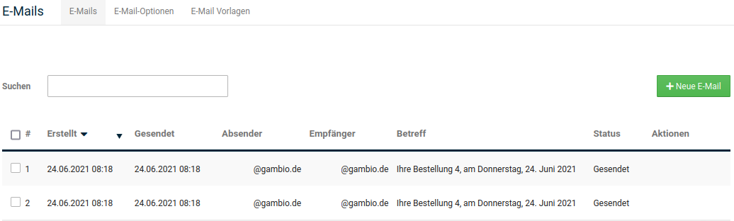 Übersicht unter Kunden > E-Mails