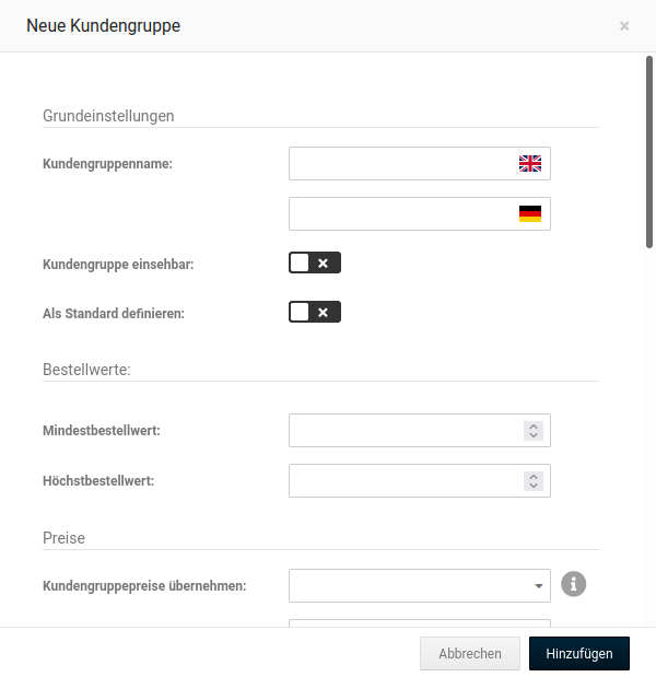 Kundengruppen-Eingabemaske