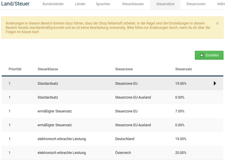 Übersicht über die Steuersätze