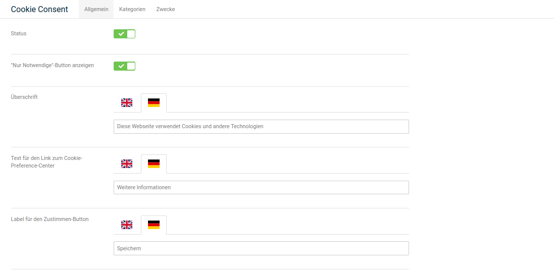 Ansicht beim Bearbeiten des Cookie Consent-Moduls, Reiter _**Allgemein**_