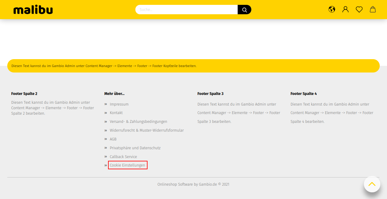 Link _**Cookie Einstellungen**_ im Footer
