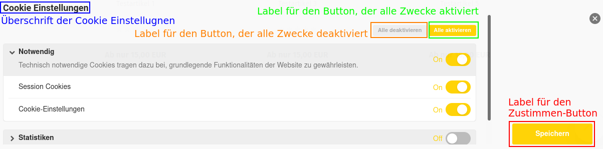 Bereiche der Cookie Einstellungen mit den zugehörigen Einstellungen
