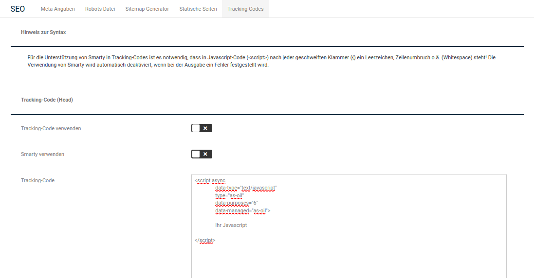 Integrationscode wurde unter Tracking-Codes eingefügt