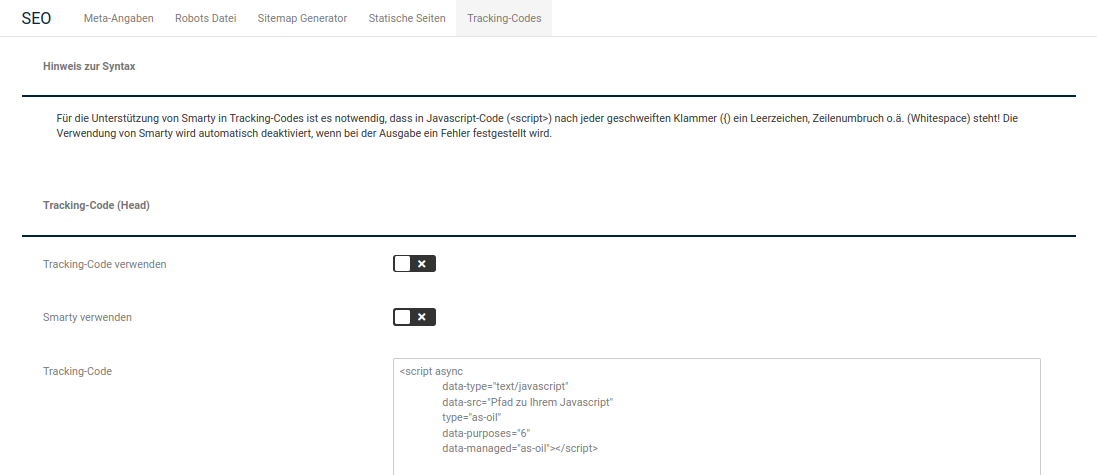 Integrationscode wurde unter Tracking-Codes eingefügt
