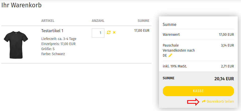 Anzeige des Links _**Warenkorb teilen**_ im Warenkorb