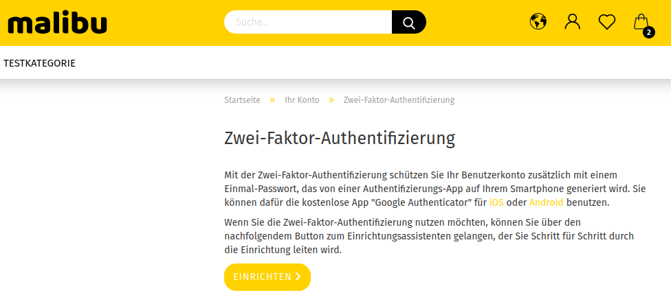 Erste Seite der Einrichtung
