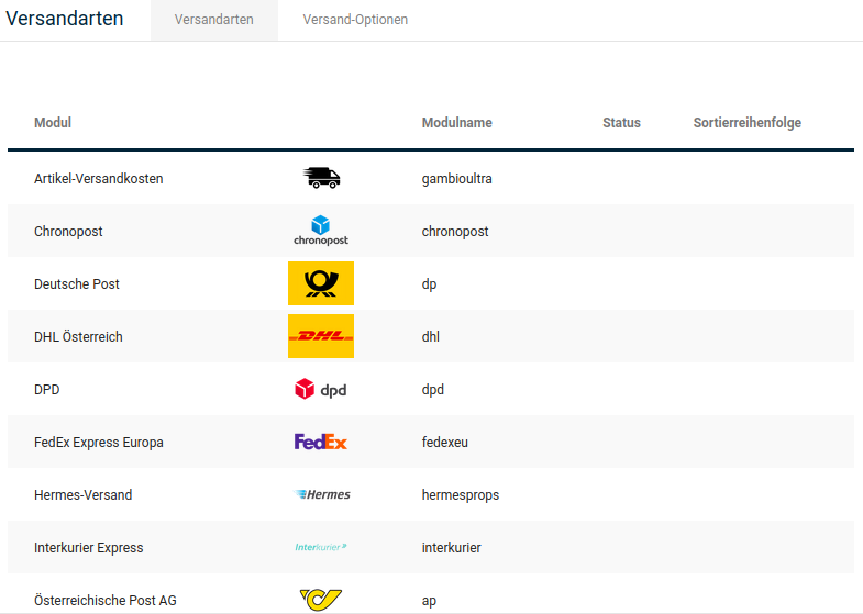 Übersicht über die Versandarten