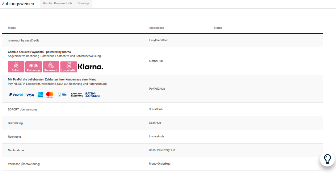 Module unter Gambio Payment Hub