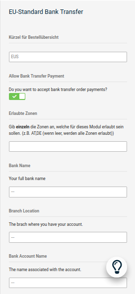Konfigurationsmaske _**EU-Standard Bank Transfer**_