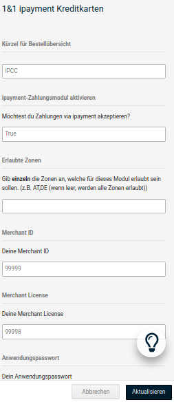 Einstellungen für _**1&1 ipayment Kreditkarten (ipayment_cc)**_