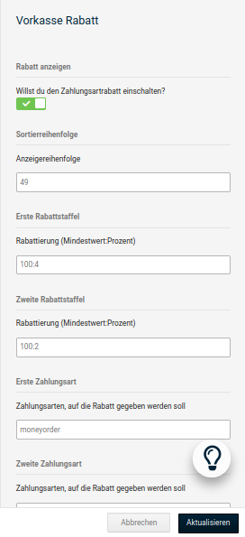 Eingabemaske des _**Vorkasse Rabatt**_ Moduls