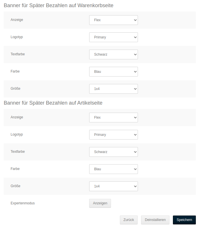 Banner-Einstellungen für das Modul PayPal2Hub