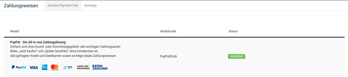 Das Modul PayPal2Hub wurde installiert