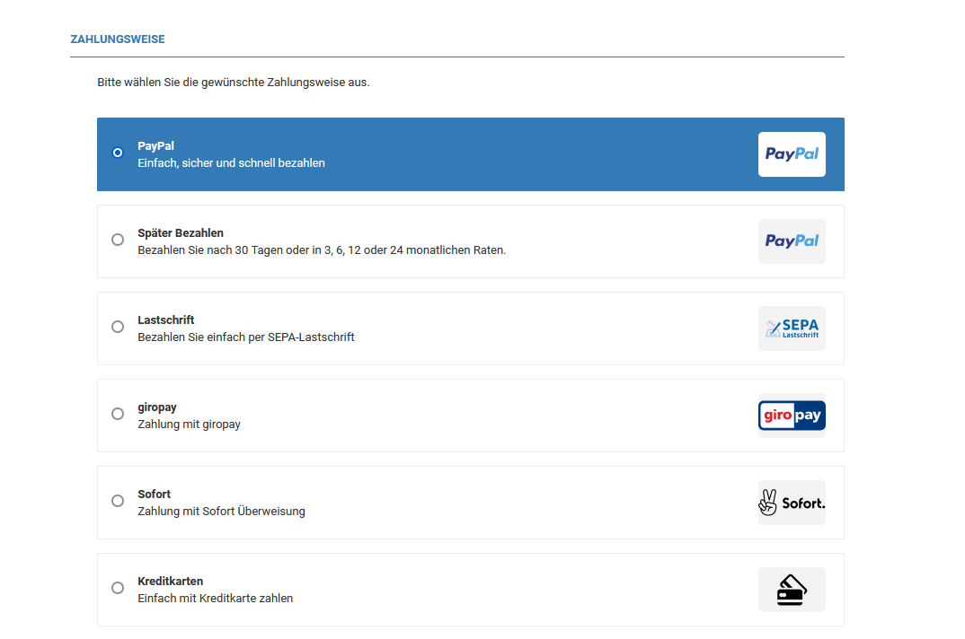 Zahlungsweisen bei der Nutzung von PayPal Checkout
