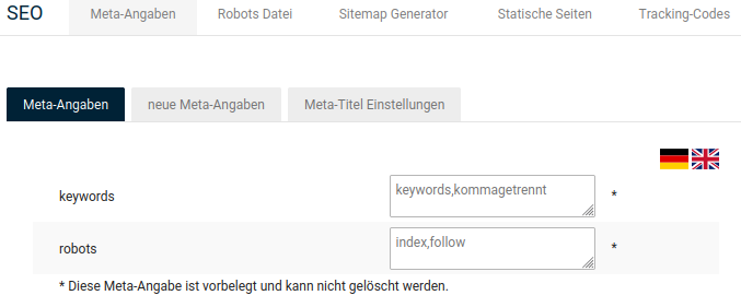 Voreingestellte Meta-Angaben