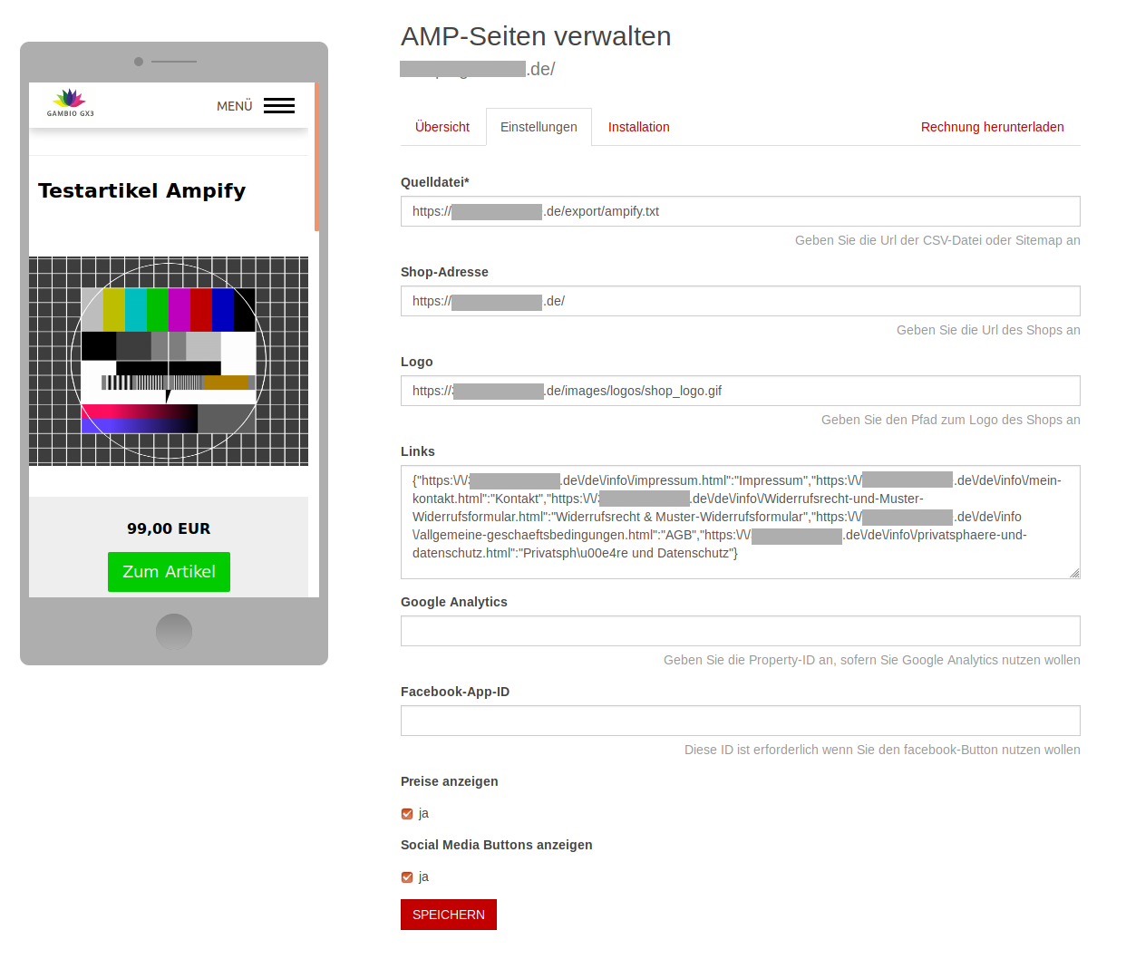 Einstellungen bei Ampify