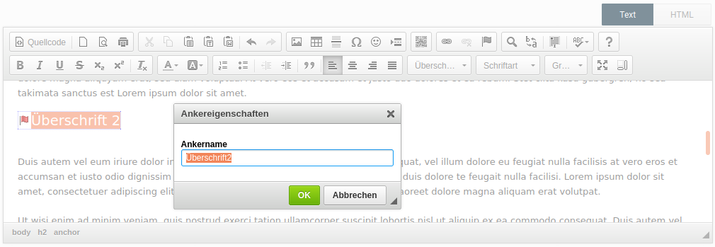 Dialog zum Bearbeiten des Ankers