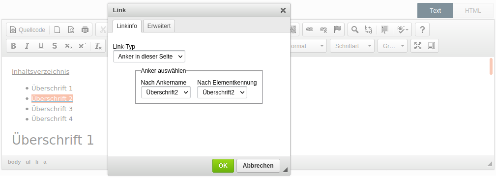 Menü _**Link**_ beim Bearbeiten des Anker-Links