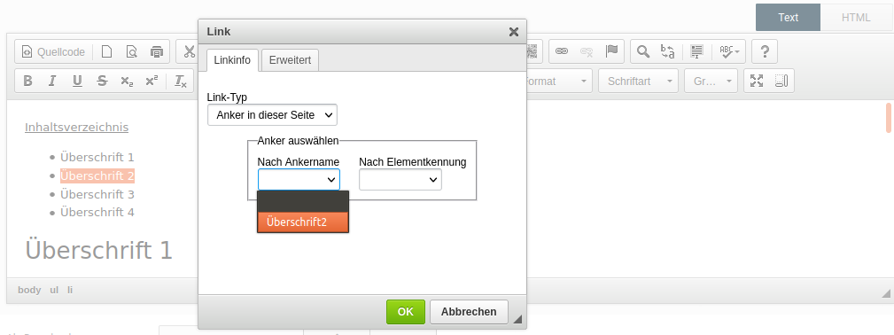 Anker _**Überschrift2**_ kann über das Dropdown ausgewählt werden