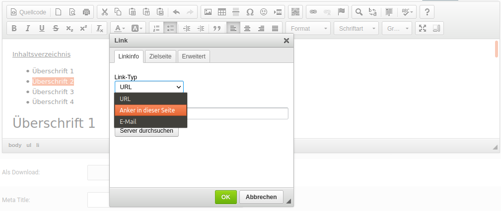 Auswahl des Link-Typs im Dialog _**Link**_ über das Dropdown