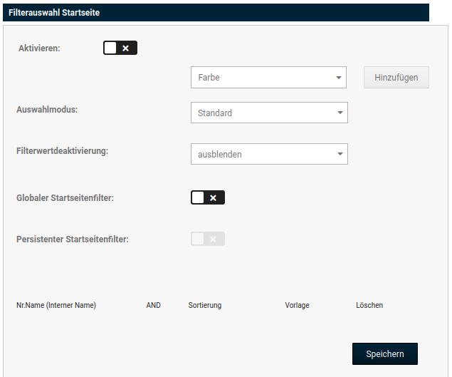 Bereich _**Filterauswahl Startseite**_ unter _**Artikel > Artikel-Filter**_