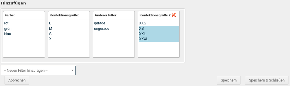 Filterwerte in der neuen Filterauswahl ausgewählt