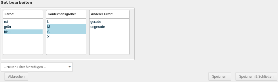 Dialog zum Bearbeiten eines Filter-Sets
