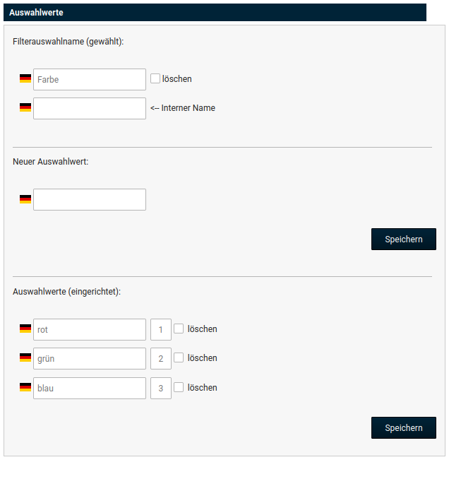 Maske _**Auswahlwerte**_ nach Anklicken einer eingerichteten Filterauswahl