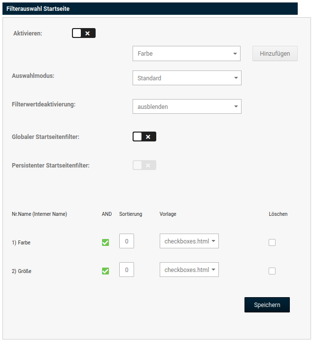Eingabemaske _**Filterauswahl Startseite**_ unter _**Artikel > Artikel-Filter**_