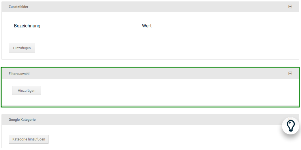 Bereich _**Filterauswahl**_ in der Artikelmaske