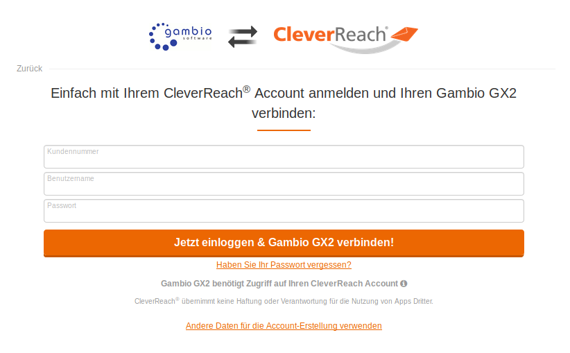 Eingabe der Daten zur Anmeldung bei Cleverreach