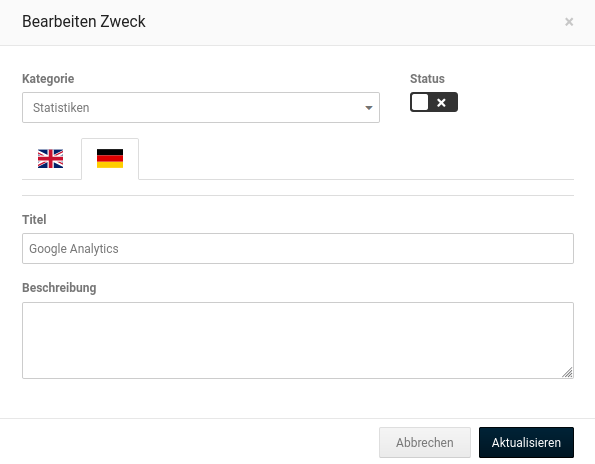 Eingabemaske zum Bearbeiten eines bestehenden Zwecks