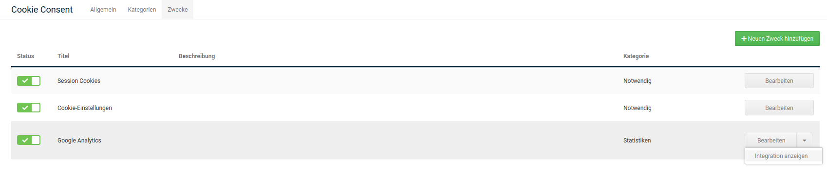 Aufruf von _**Integration anzeigen**_ über die Dropdown-Schaltfläche